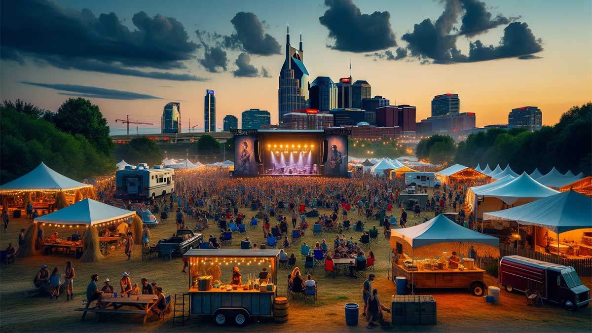 people at music festival with a Nashville skyline